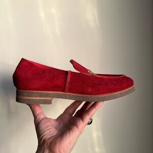 U dot Women’s custom Red Suede Slip-On Loafers with Gold Stitched Hardware